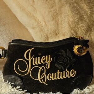 Juicy Couture Y2K Black Velour Wristlet Clutch with Gold Embroidery